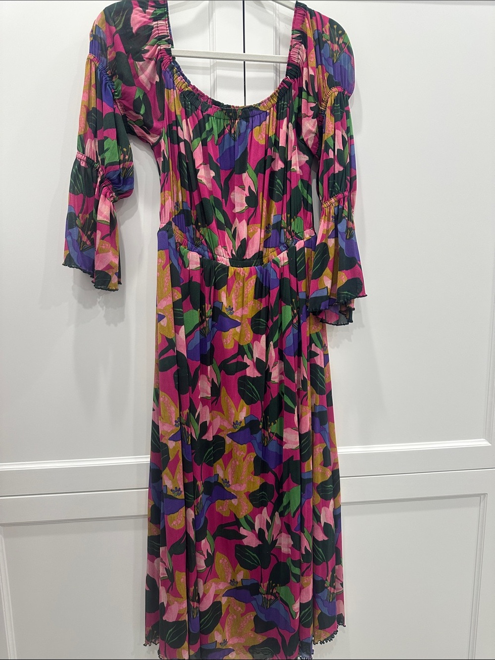 Diane Von Furstenberg Pink Multi Floral Midi Dress off the shoulders.